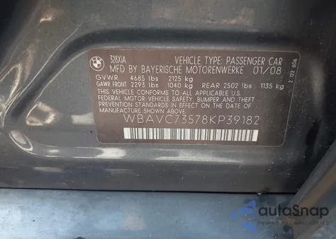 2008 BMW 328Xi из США, поврежденный, VIN WBAVC73578KP39182